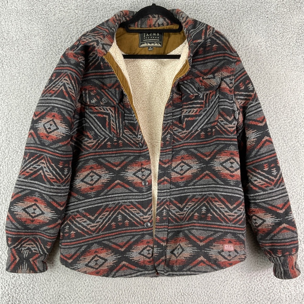 Jachs New York Shirt Jacket Mens M Red Black Southwestern Sherpa Lined Aztec